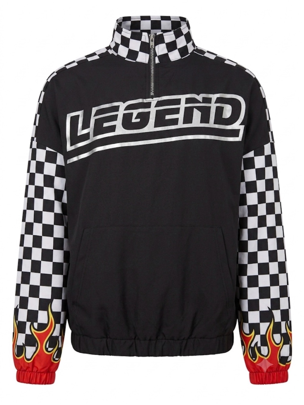 HELLIUM UNISEX MOTO JACKET:LEGEND Black Checkerboard Pullover with Flame Sleeves